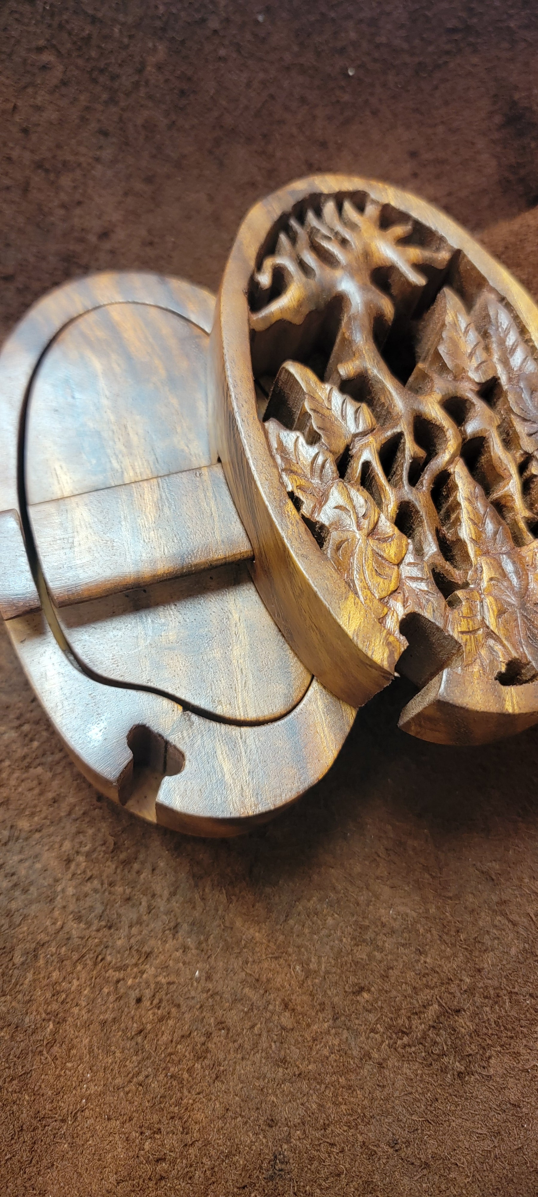 Wooden Carved Puzzle Box Tree Line