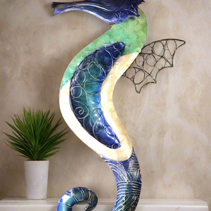 Blue & White Capiz Seahorse Metal Wall Art Decor