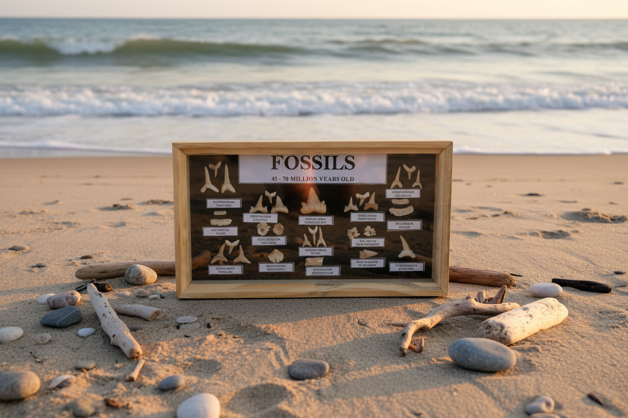 10 by 6 inches enclosed case of Different Sharks Teeth