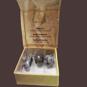 Protect yourself from negative energy with our Protection Stone Pack. Featuring hematite, black tourmaline, and snowflake obsidian, this pack provides a powerful shield against harmful influences. Perfect for those in need of a little extra protection.