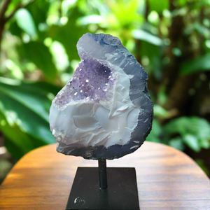 Experience the natural beauty and positive energy of our Amethyst Speciman with metal base. This carefully selected crystal is delicately pinned for home decor, bringing a touch of elegance and grounding energy to any space. Embrace the benefits of Amethyst, known for its calming and healing properties.