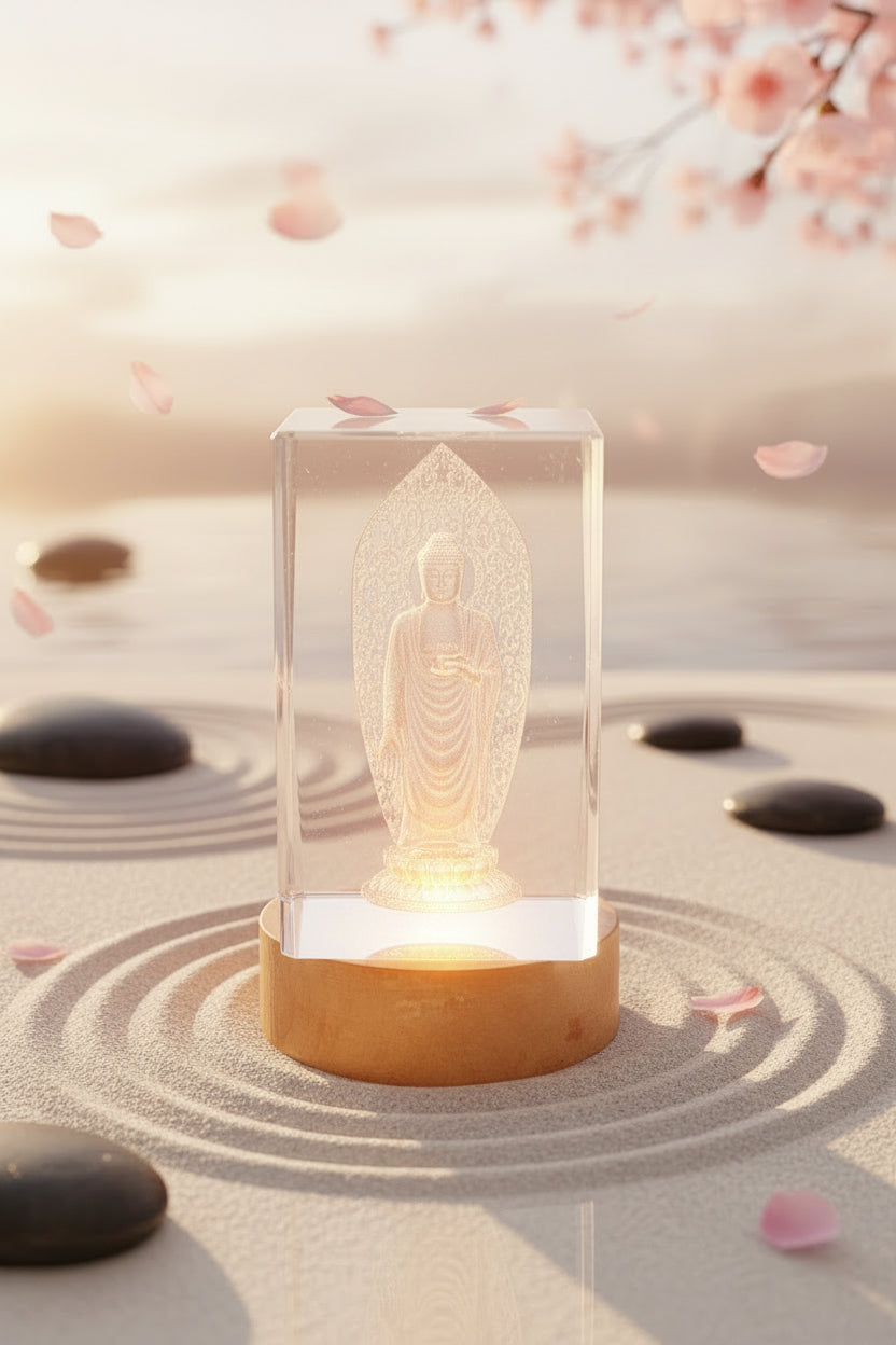 Glass Buddha on light pedestal meditation