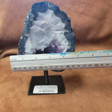 Elevate your home decor with our stunning Amethyst Speciman, featuring a beautiful purple hue and a sleek metal base. Bring a touch of elegance to any room with this unique and eye-catching centerpiece. Perfect for adding a sophisticated and calming atmosphere to your living space.