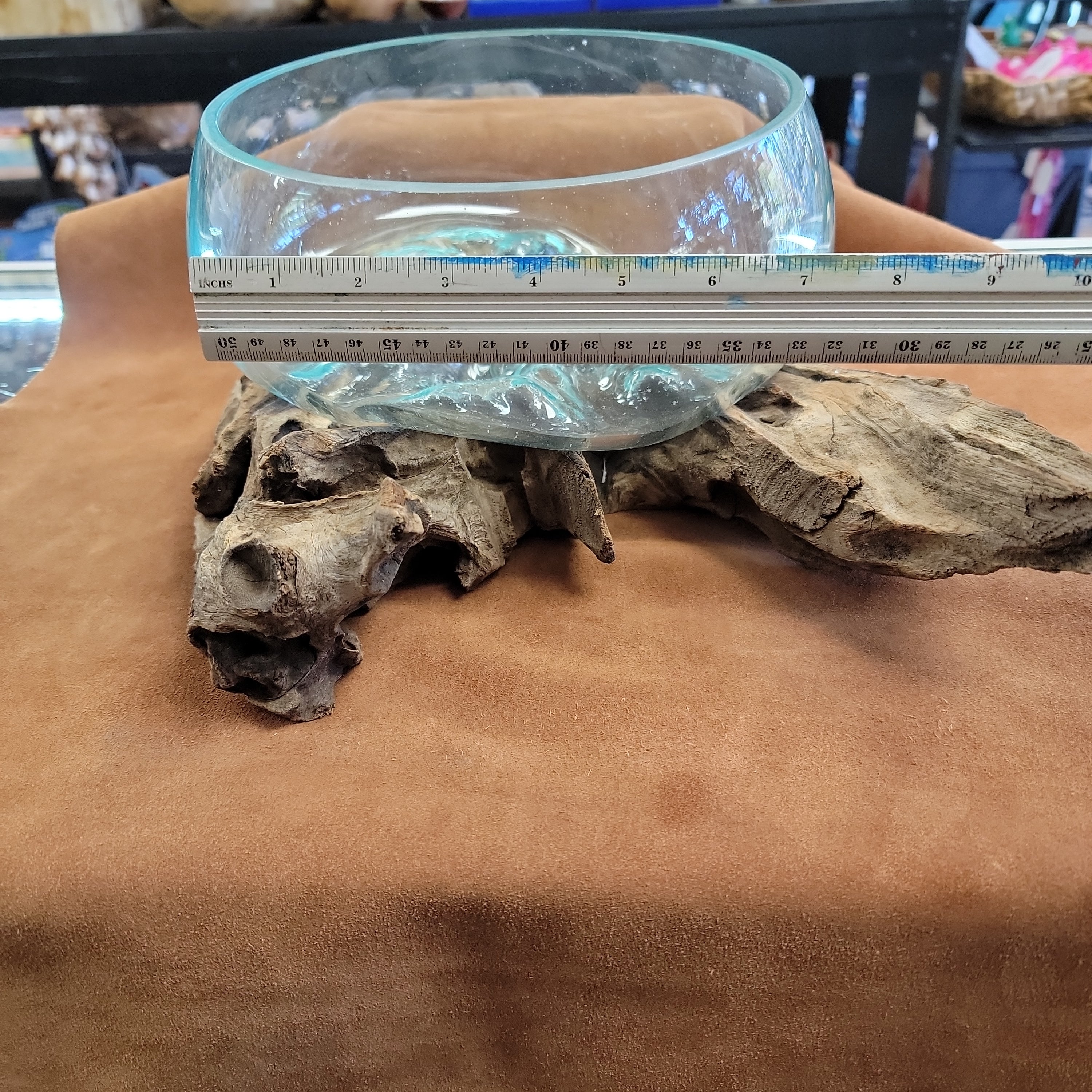 Handblown glass molted on teakwood Root