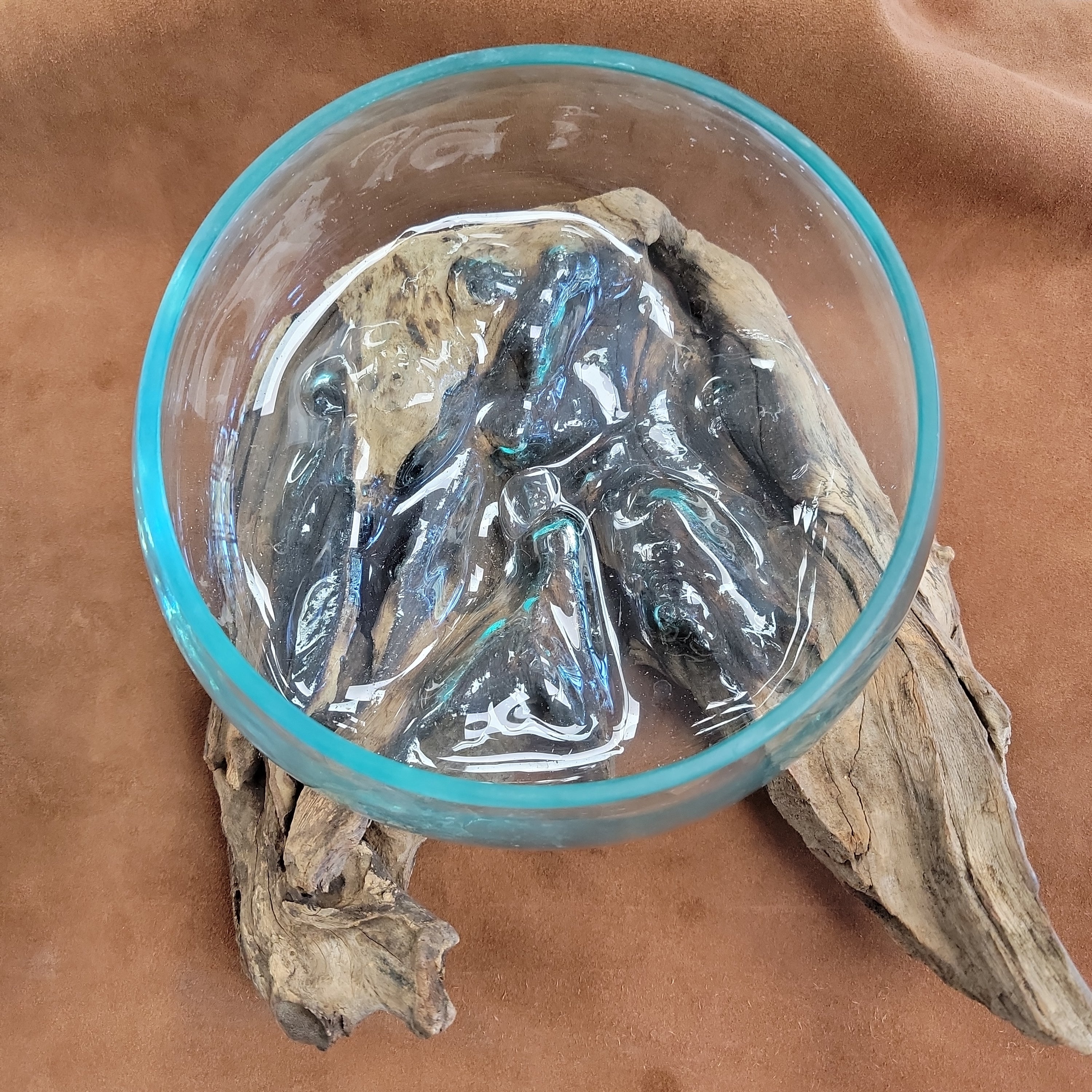 Handblown glass molted on teakwood Root