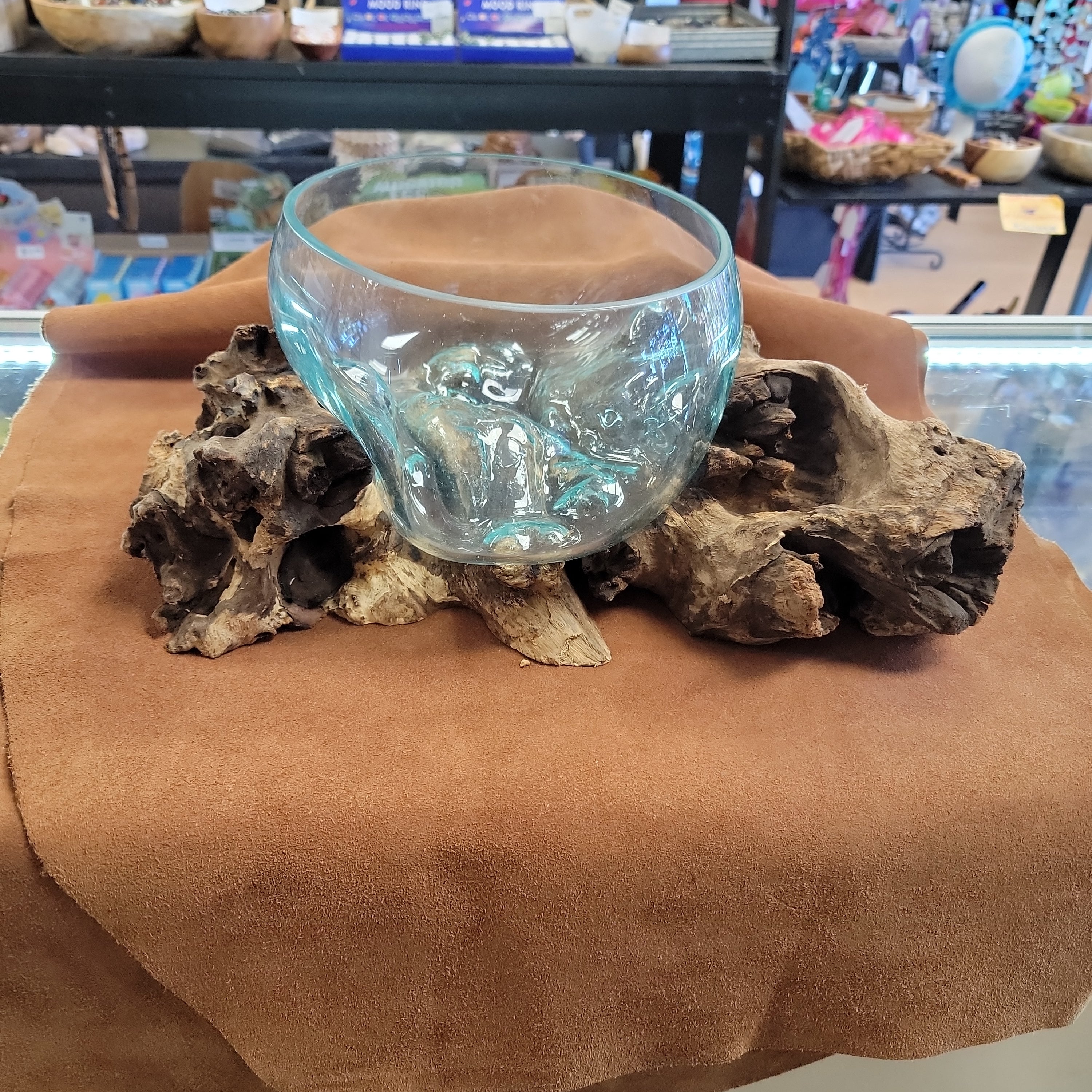 Handblown glass molted on teakwood Root