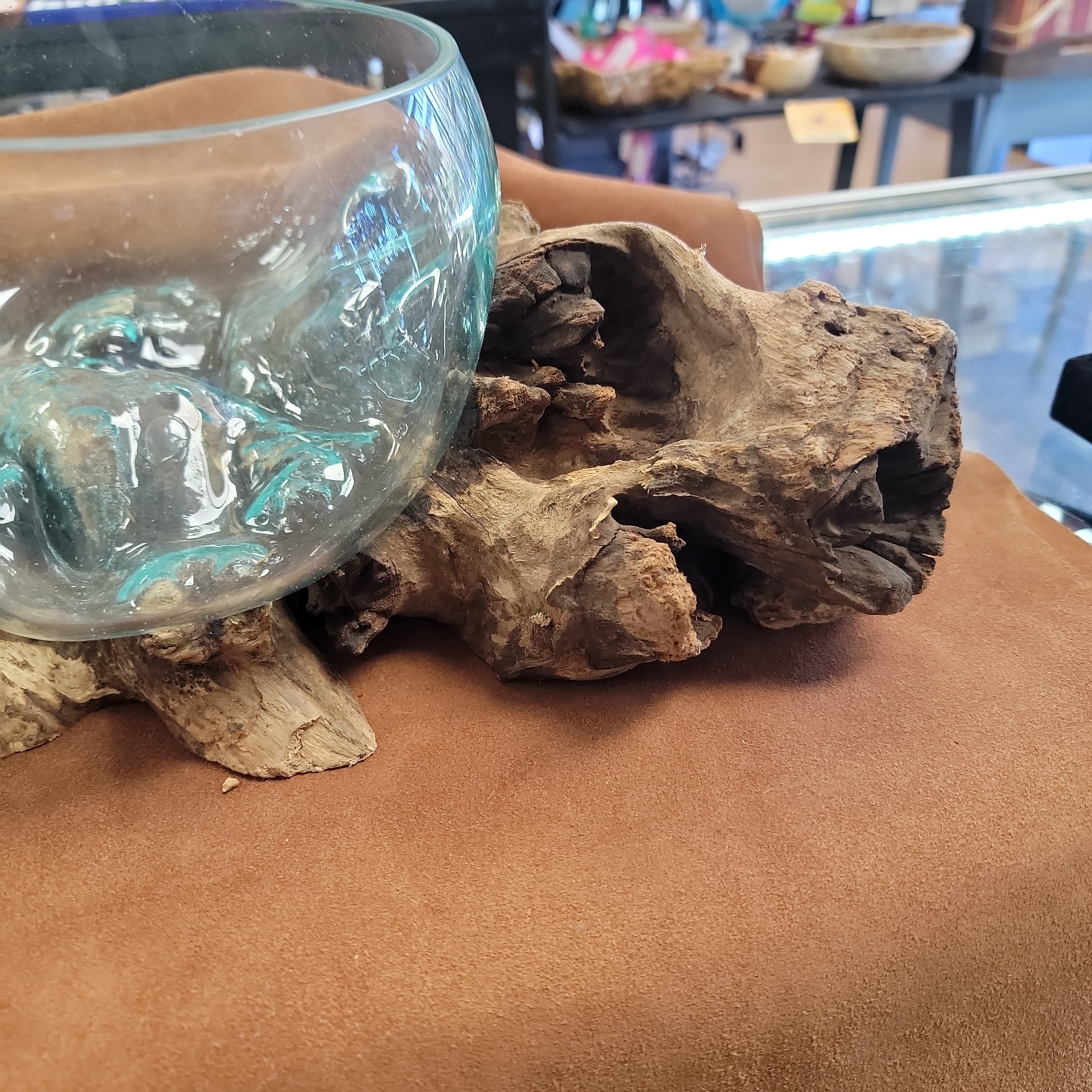 Handblown glass molted on teakwood Root