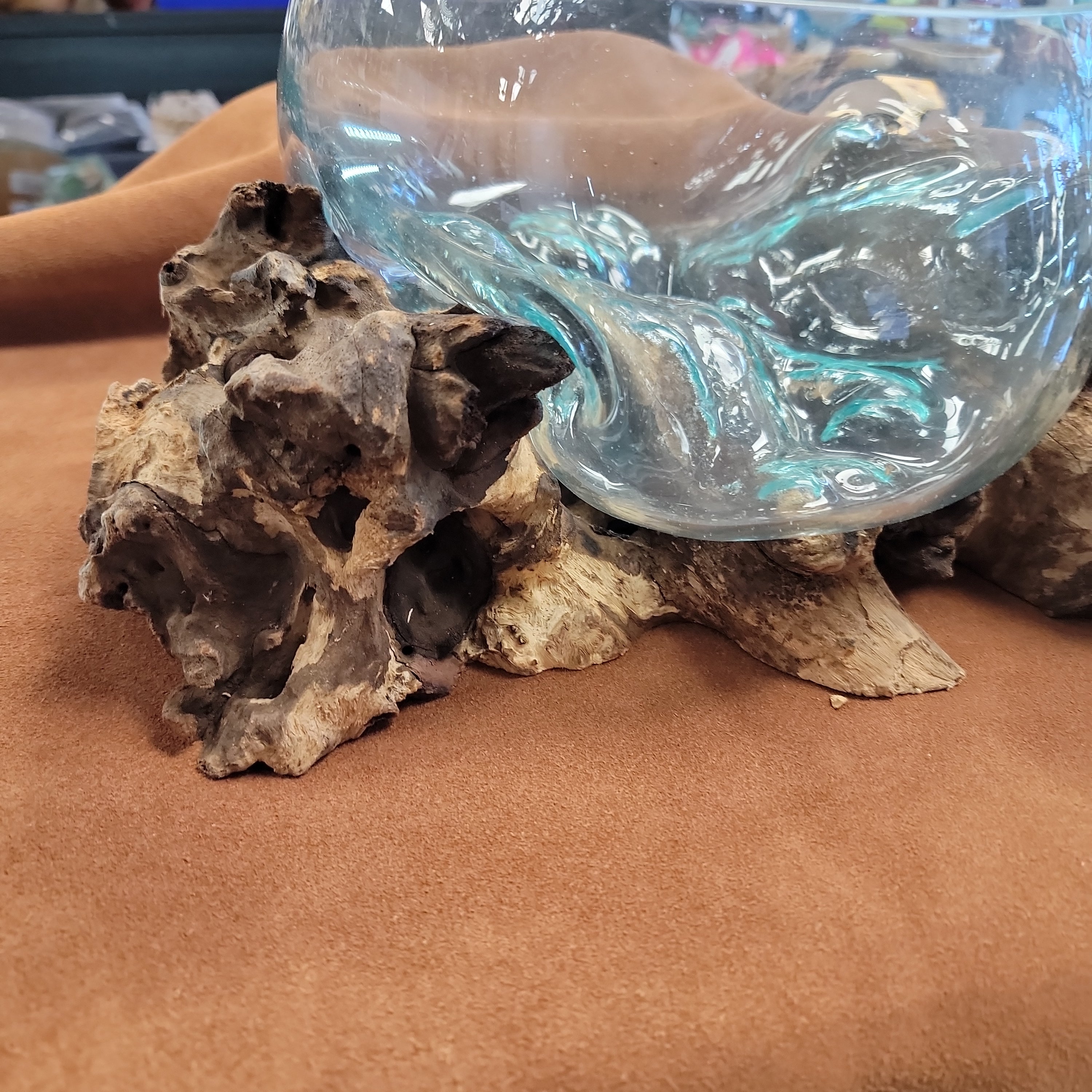 Handblown glass molted on teakwood Root