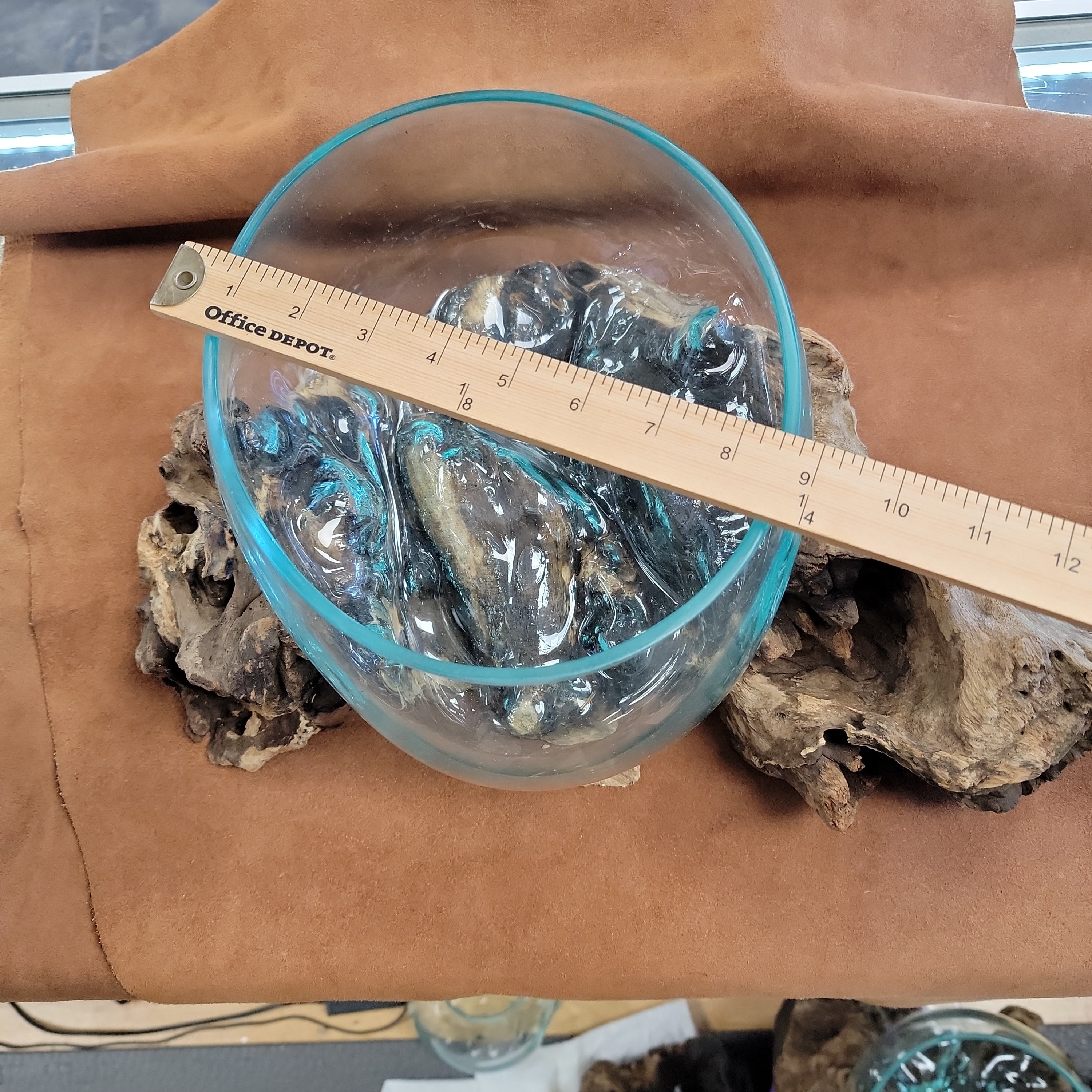 Handblown glass molted on teakwood Root