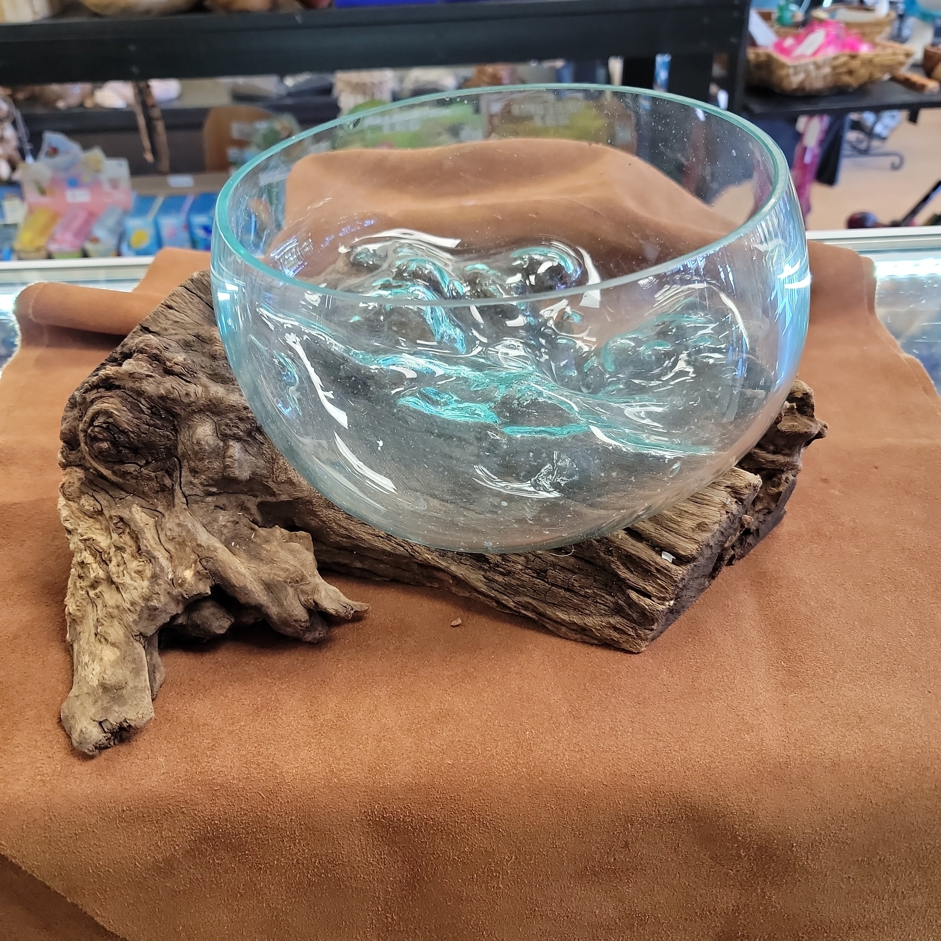 Handblown glass molted on teakwood Root