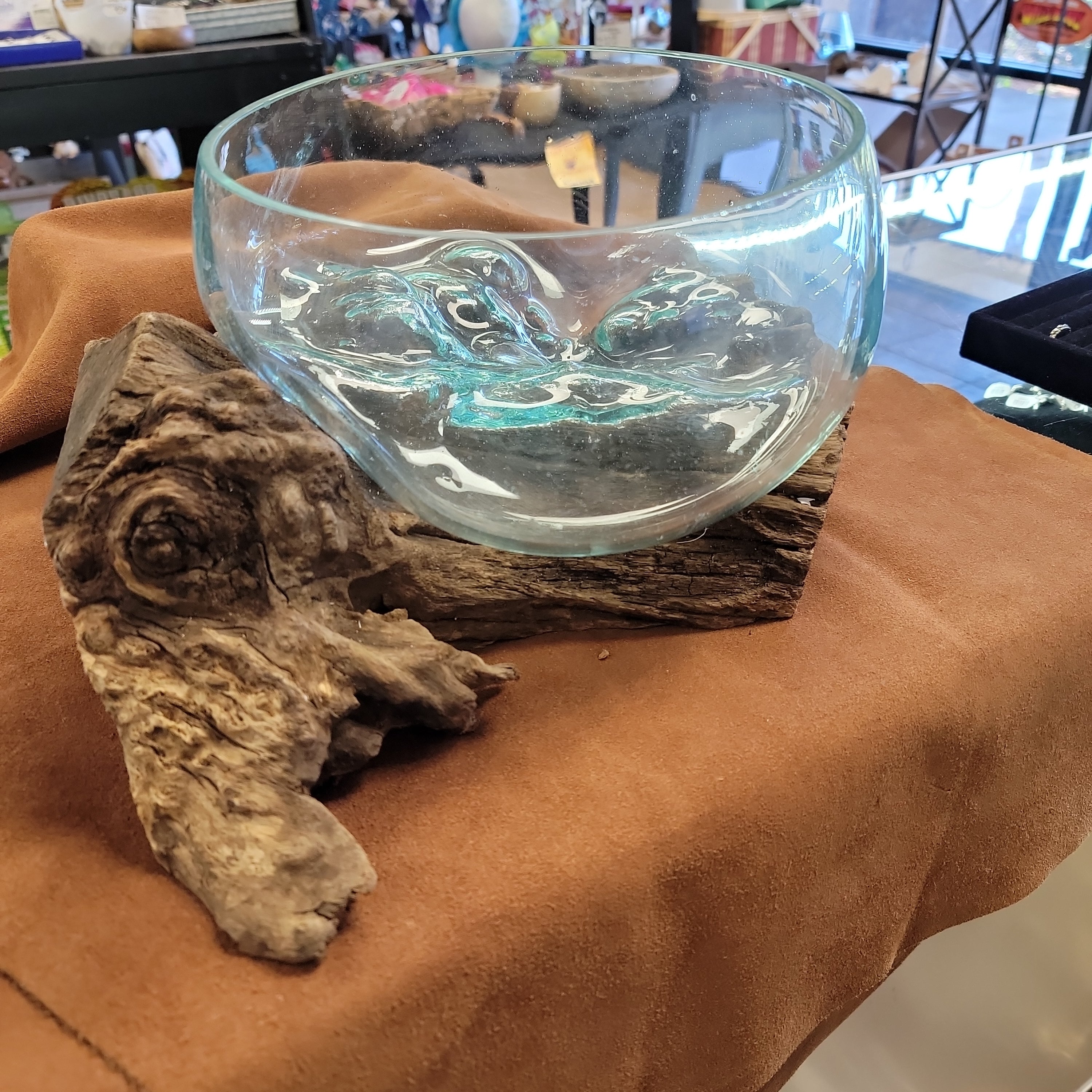 Handblown glass molted on teakwood Root