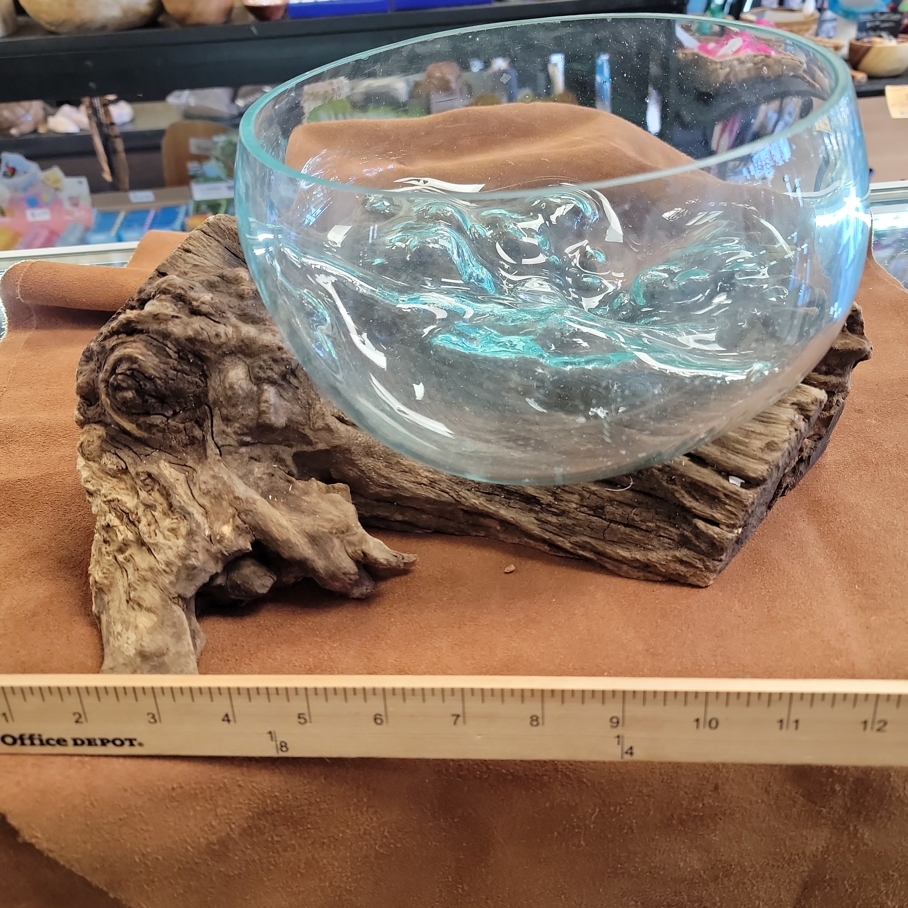 Handblown glass molted on teakwood Root