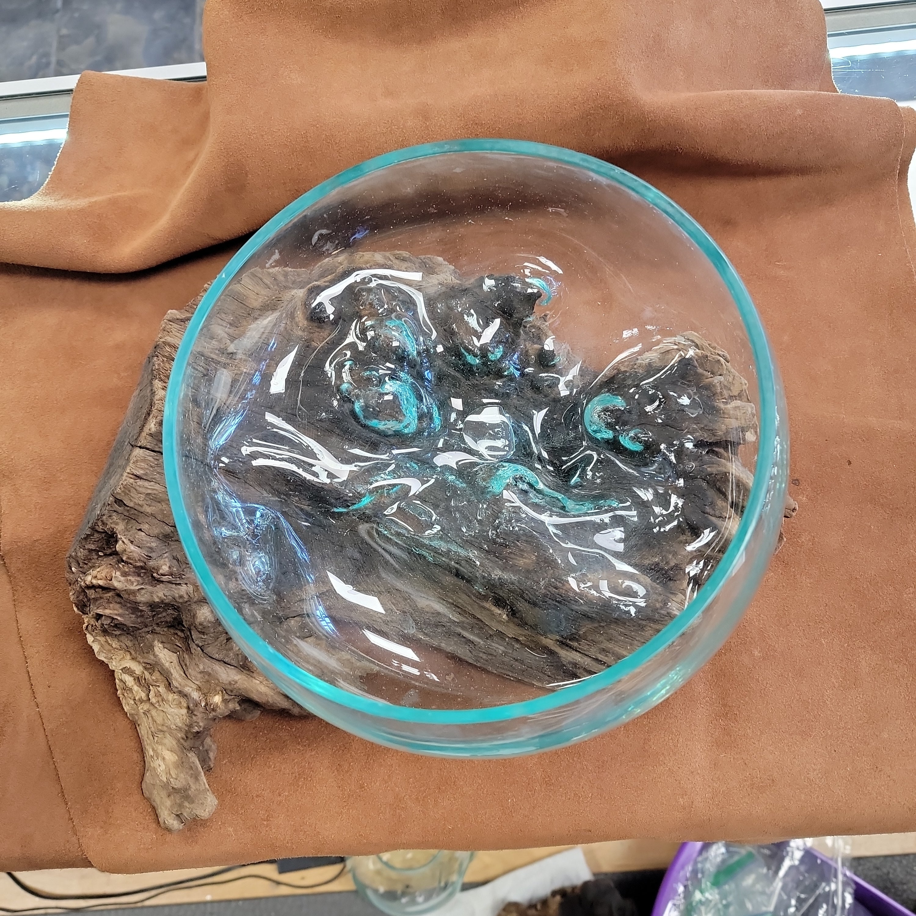 Handblown glass molted on teakwood Root