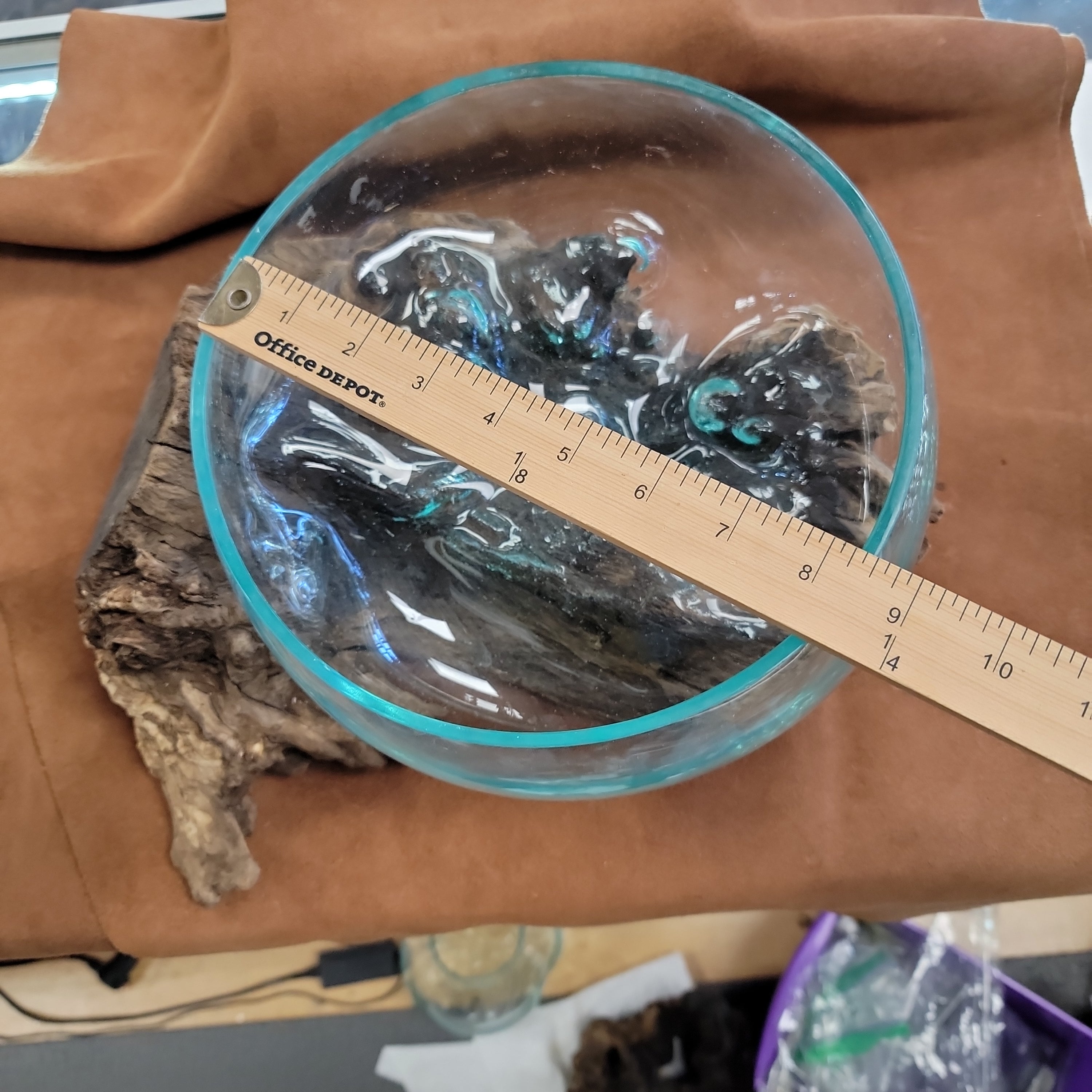 Handblown glass molted on teakwood Root