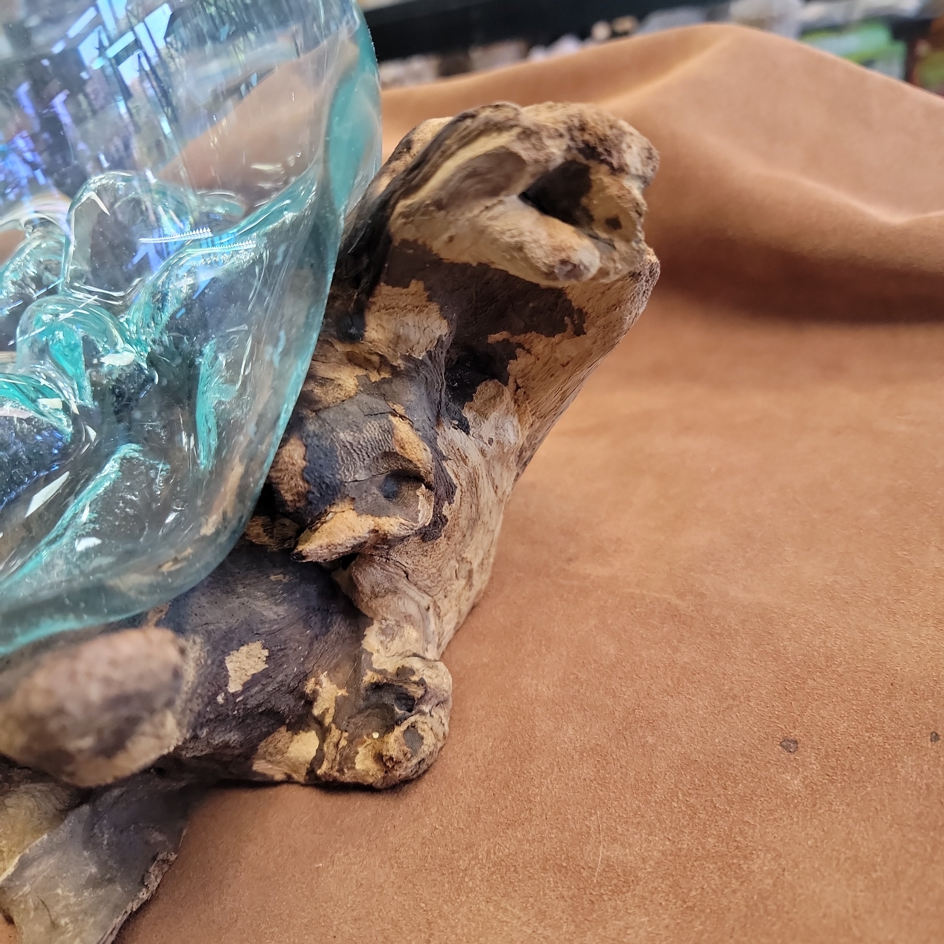 Handblown glass molted on teakwood Root