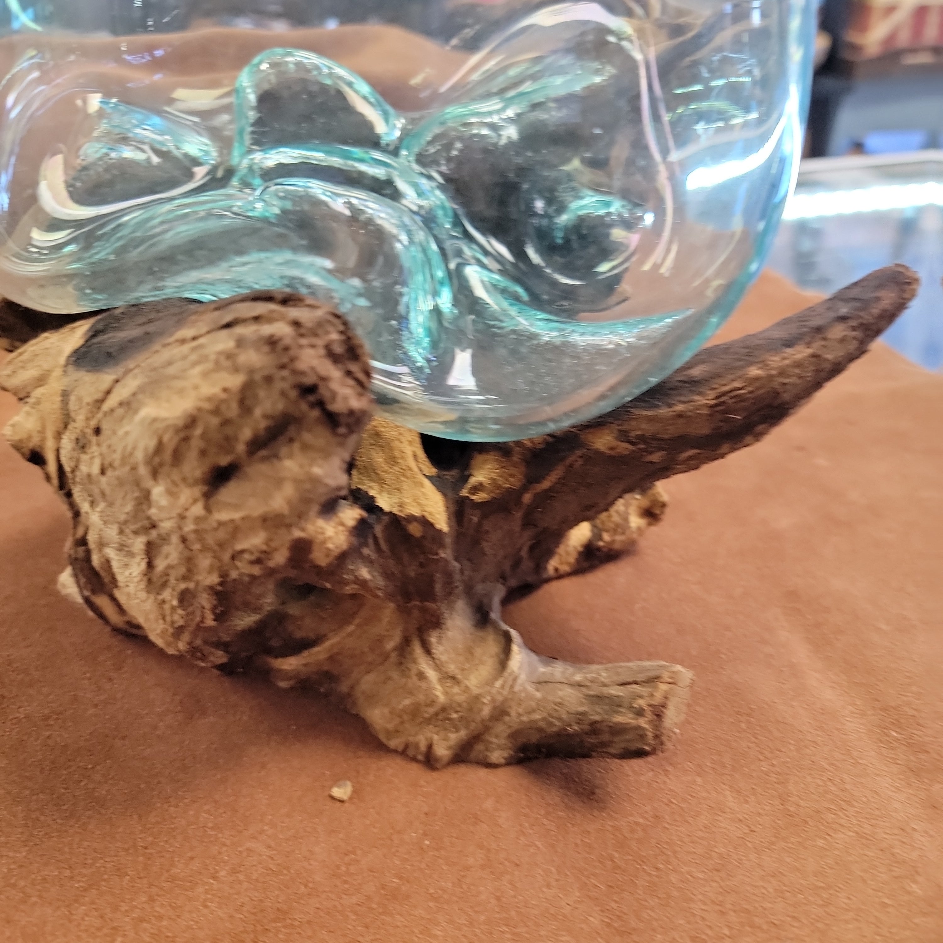 Handblown glass molted on teakwood Root