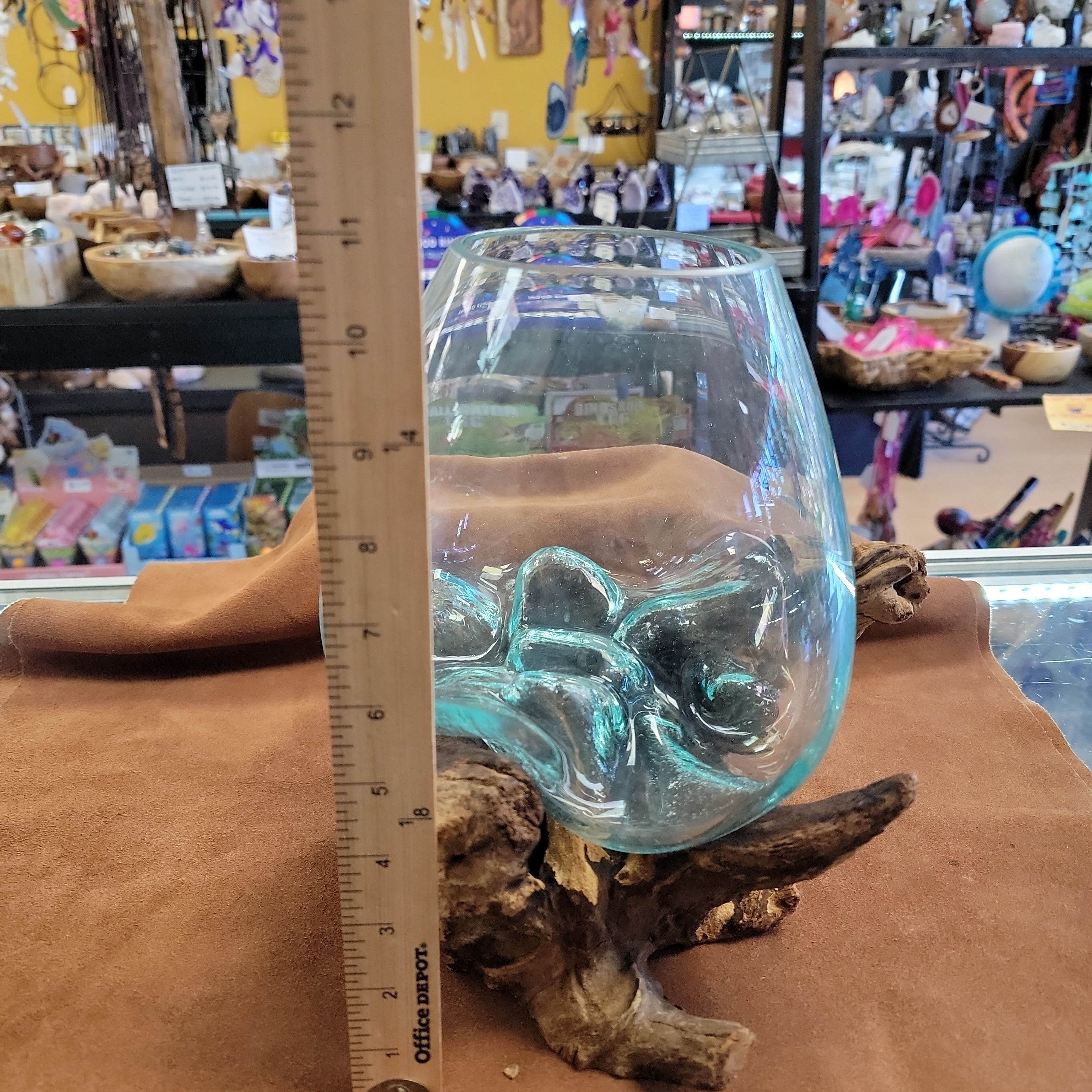 Handblown glass molted on teakwood Root