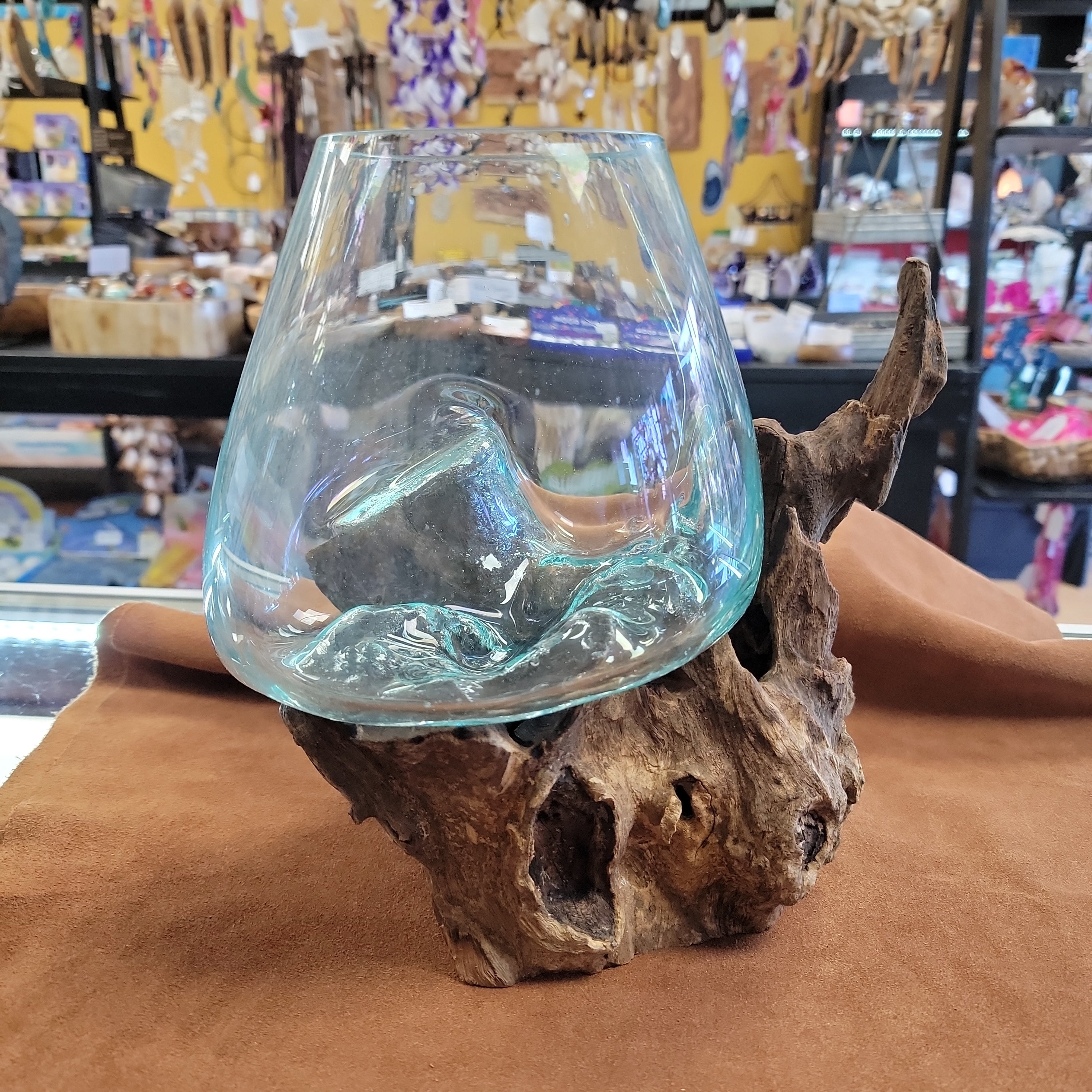 Handblown glass molted on teakwood Root