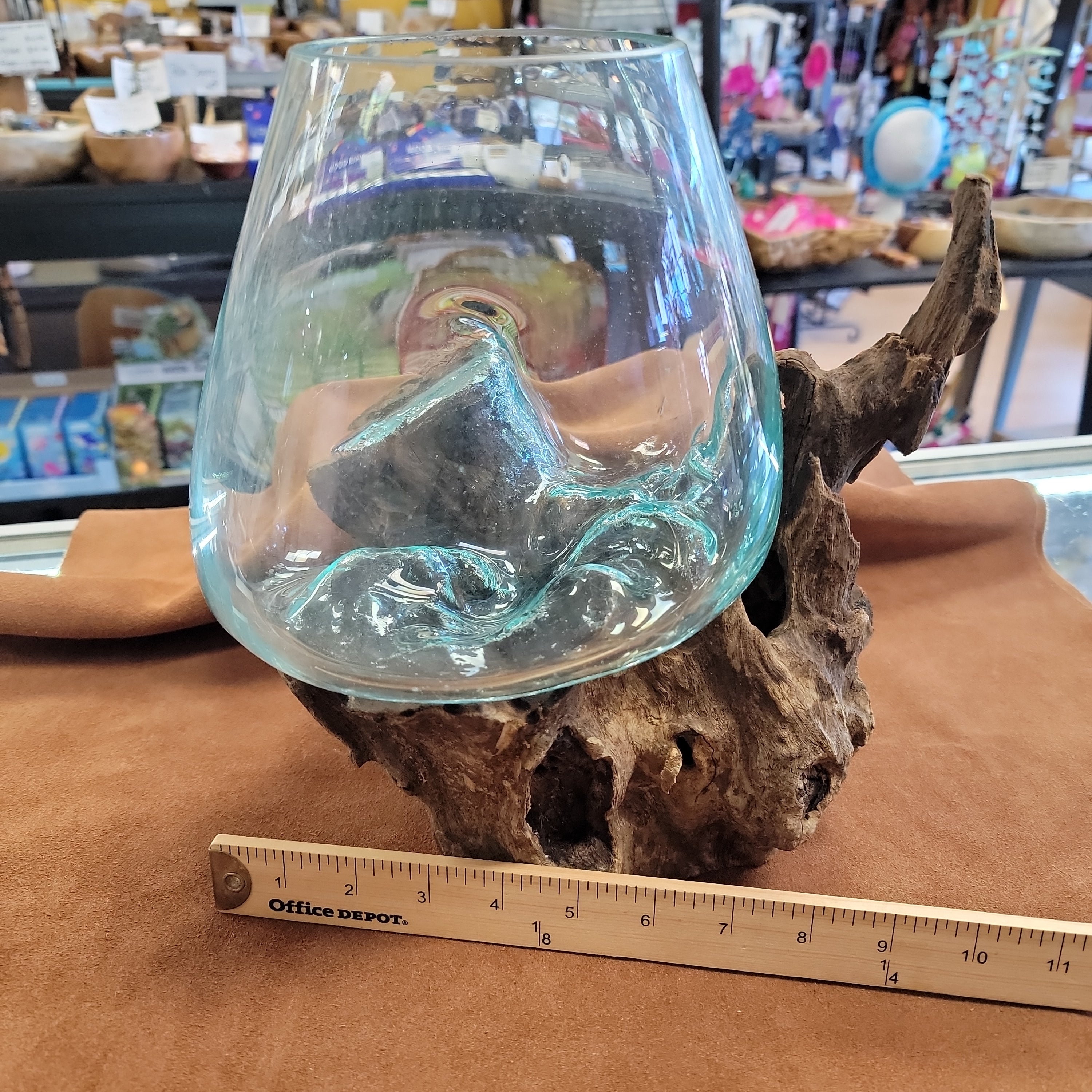 Handblown glass molted on teakwood Root