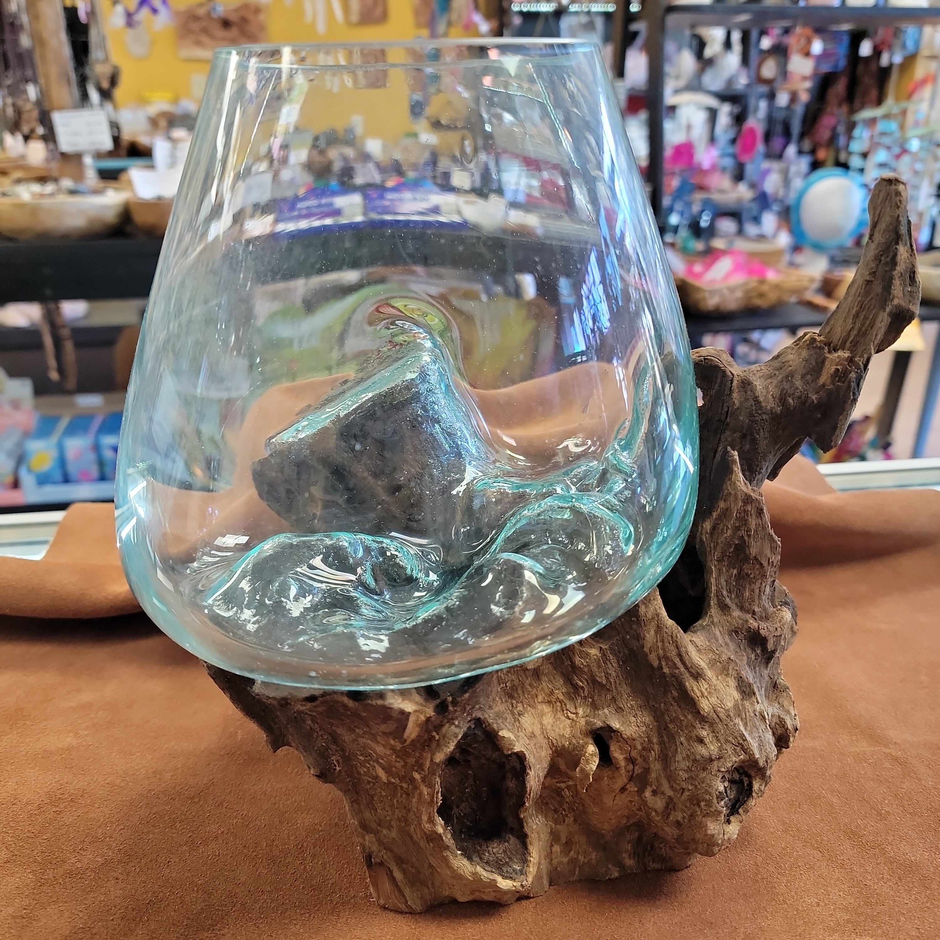 Handblown glass molted on teakwood Root