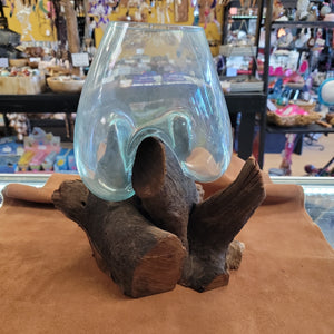 Handblown glass molted on teakwood Root