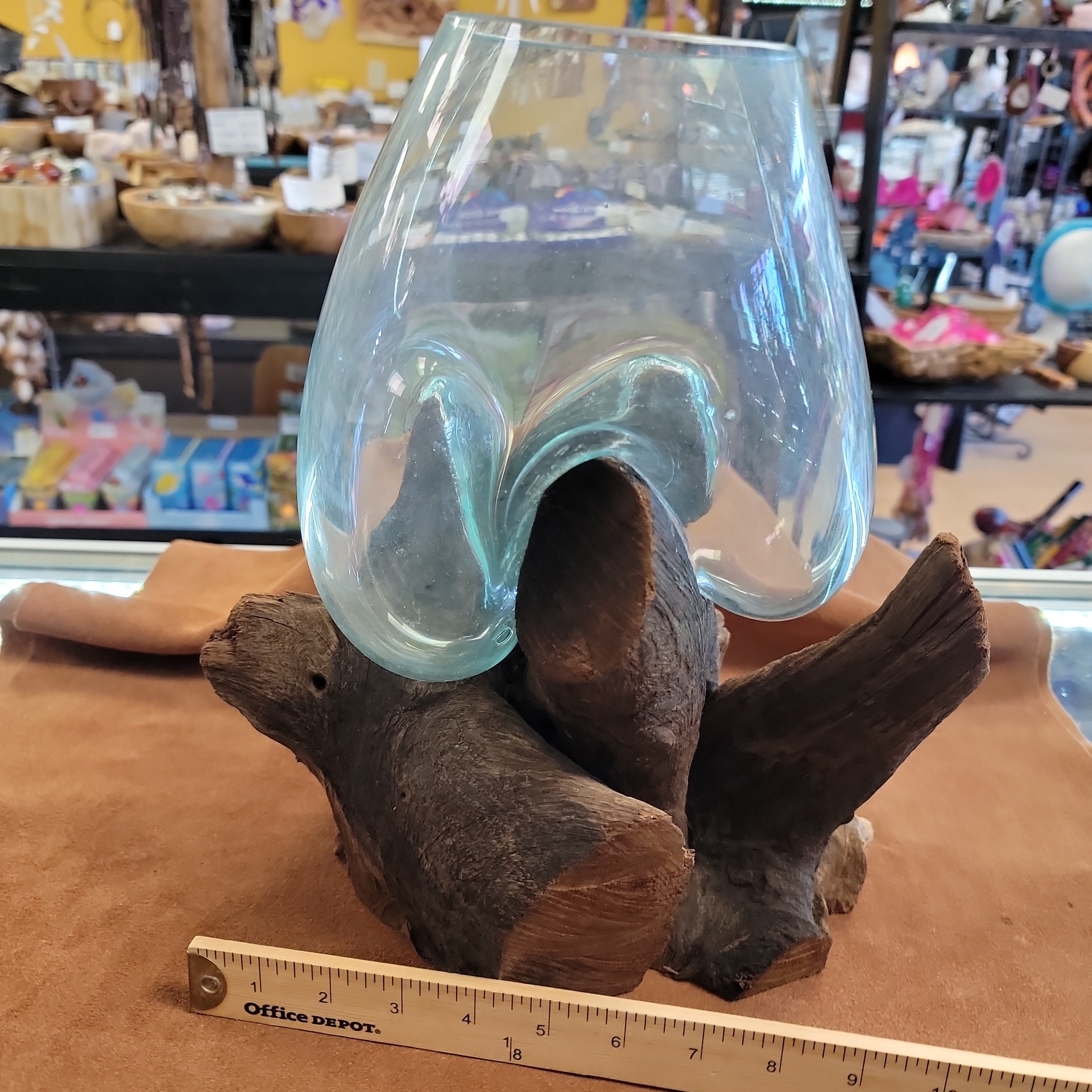 Handblown glass molted on teakwood Root