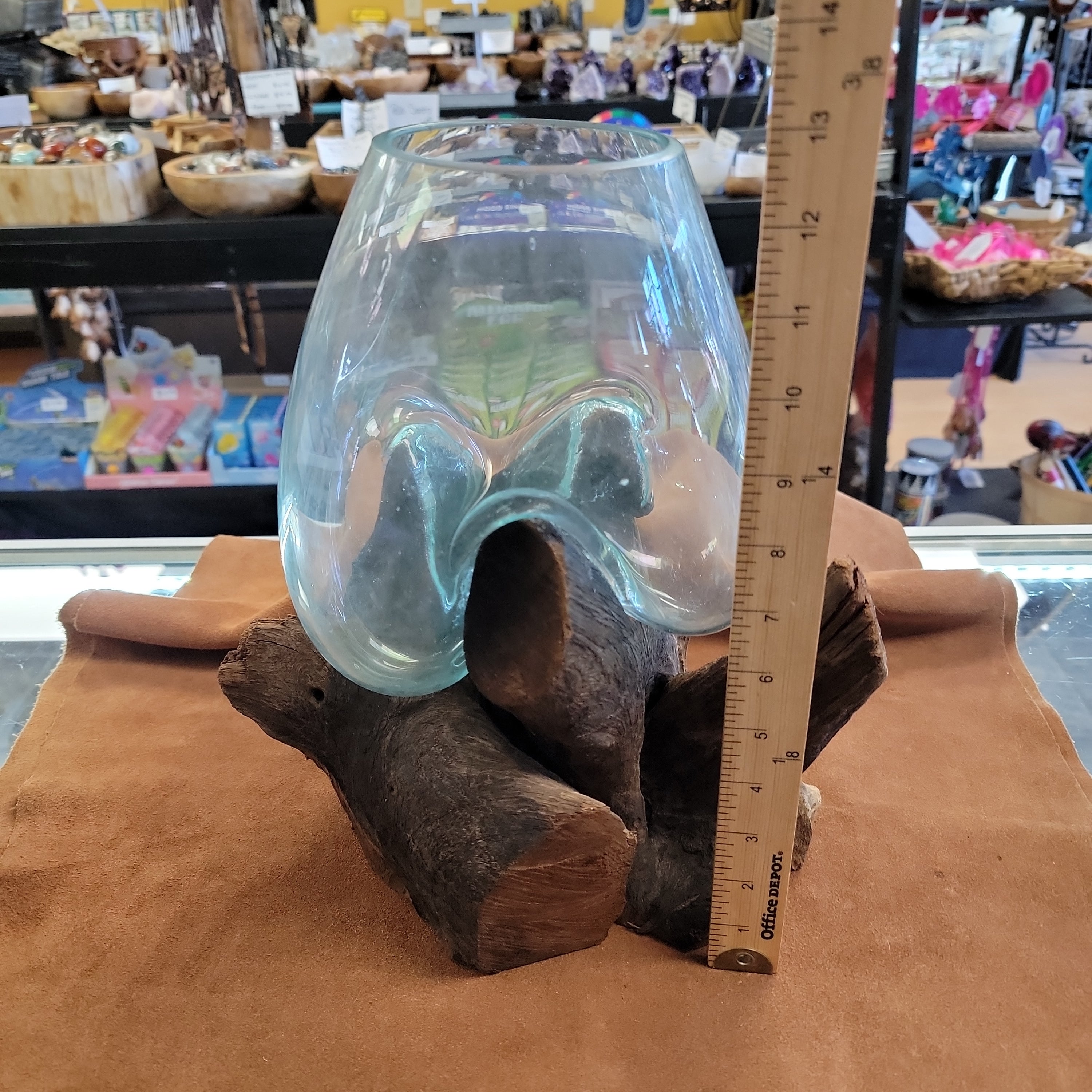 Handblown glass molted on teakwood Root