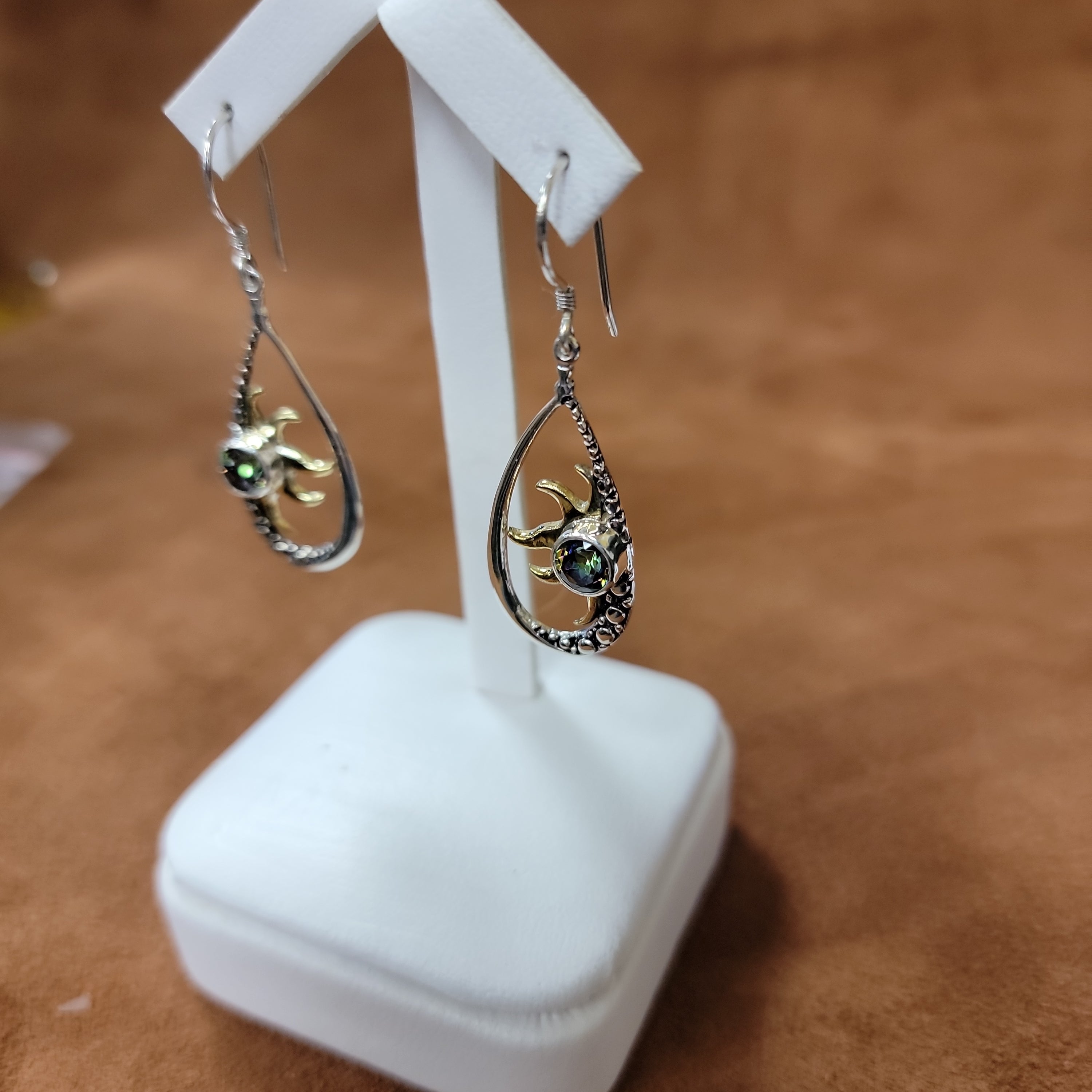 Vera Wolf Sterling Silver Earrings with gold sun and Multi.color stone