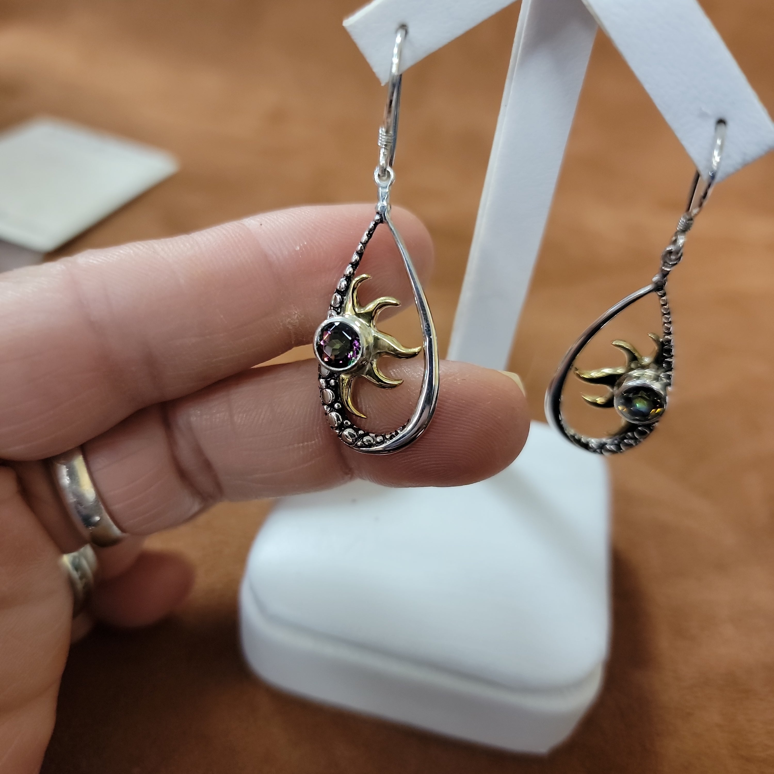 Vera Wolf Sterling Silver Earrings with gold sun and Multi.color stone