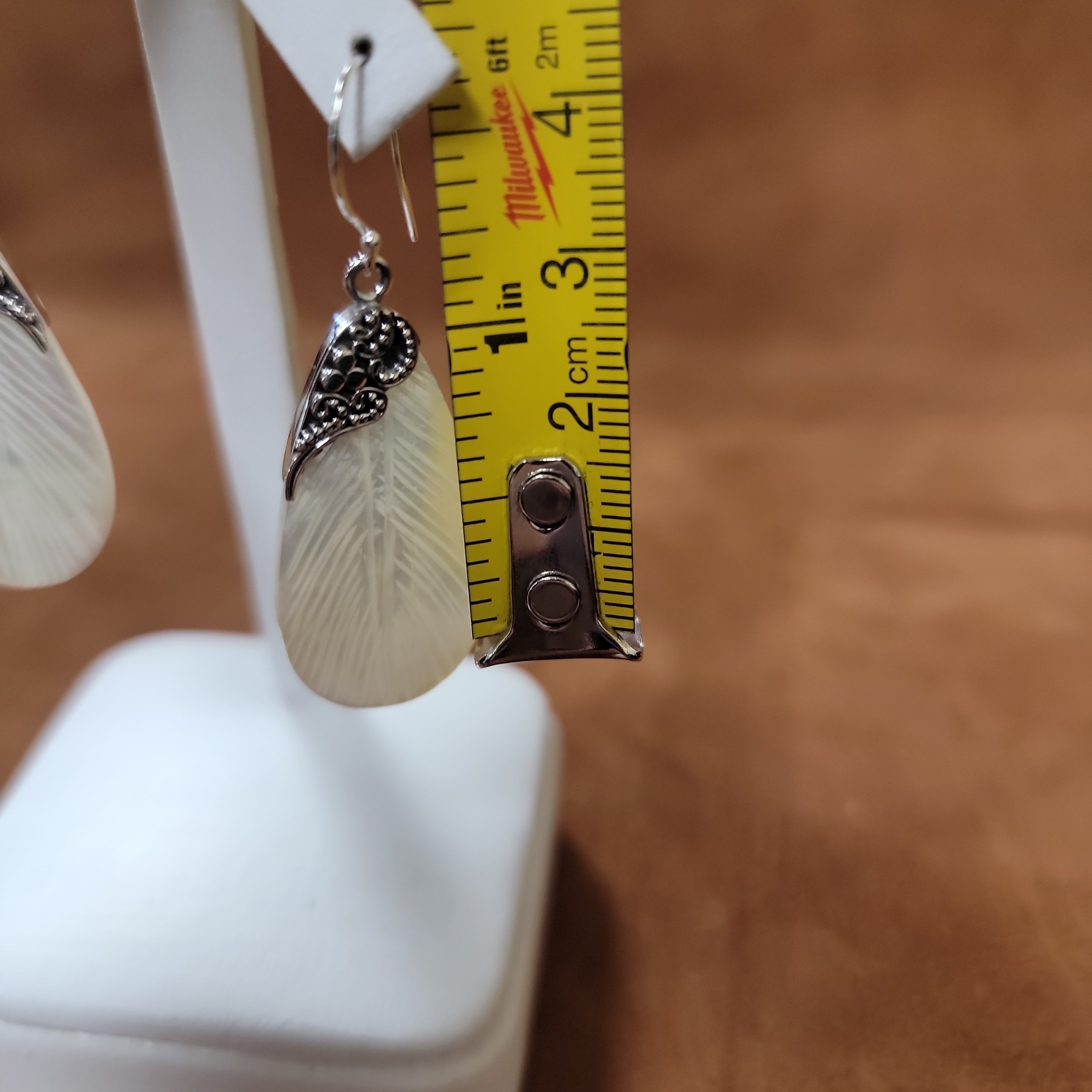 Vera Wolf Sterling Silver Earrings Mother of Pearl Feathers