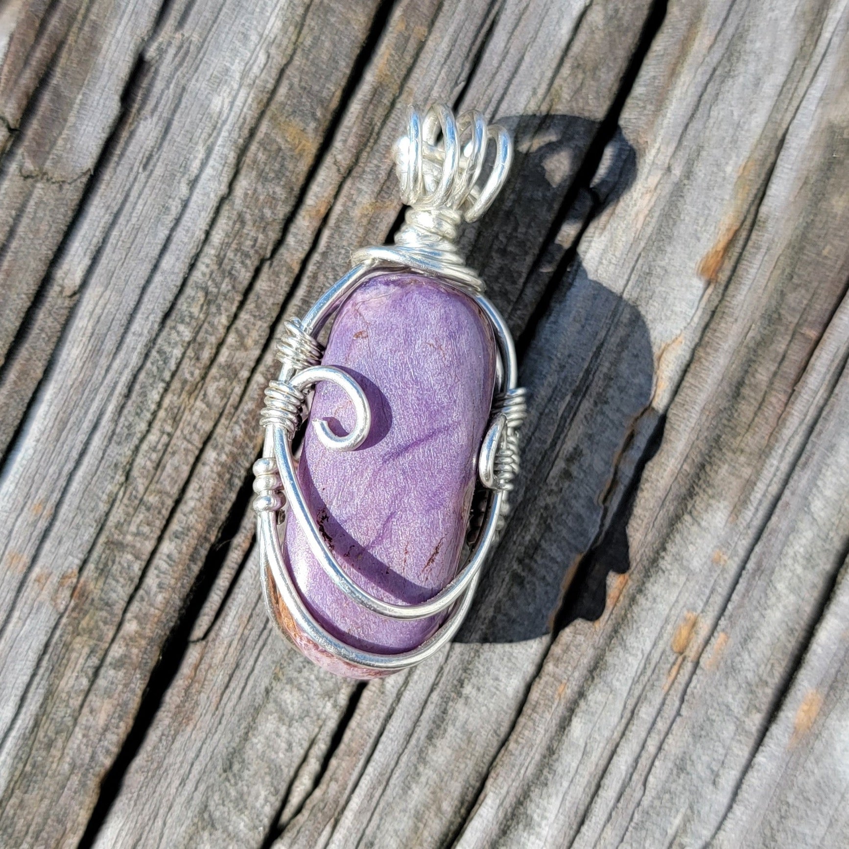 Sterling Silver Charoite Pendent Handwrapped by Catherine Saxton