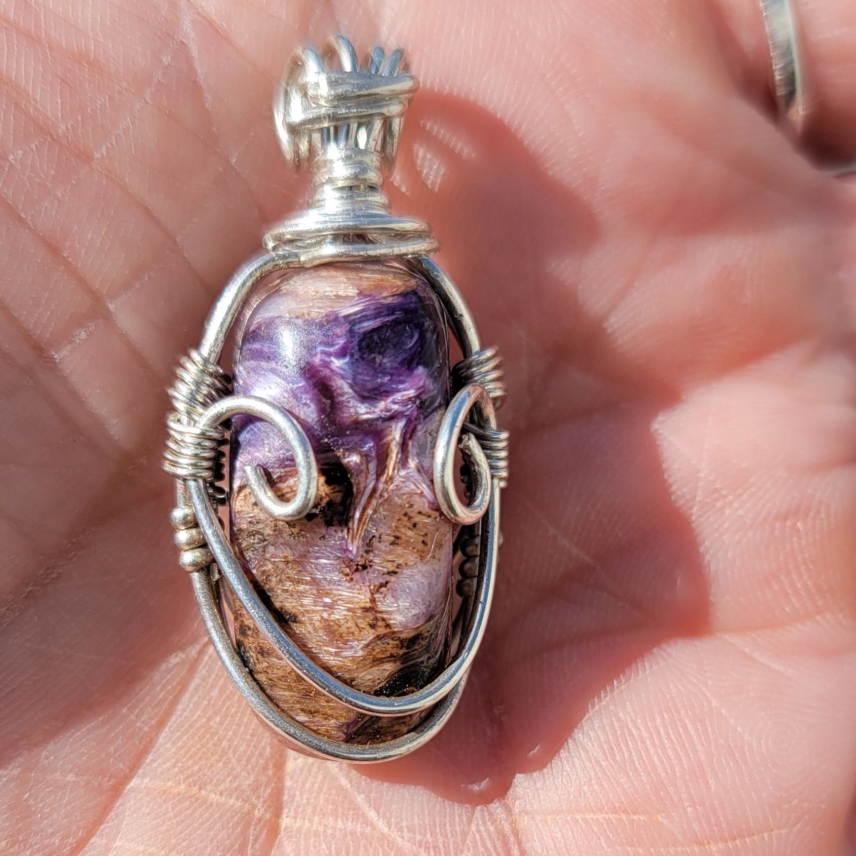 Sterling Silver Charoite Pendent Handwrapped by Catherine Saxton