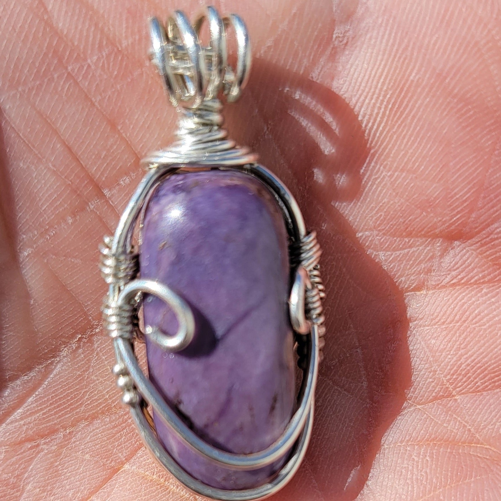 Sterling Silver Charoite Pendent Handwrapped by Catherine Saxton