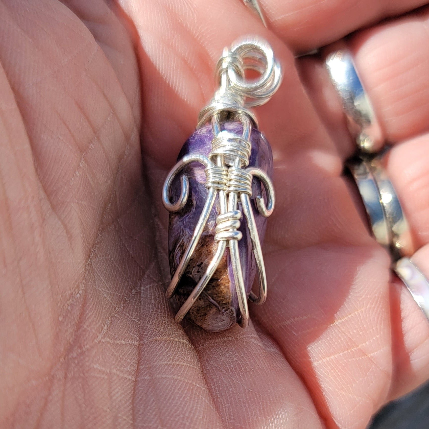Sterling Silver Charoite Pendent Handwrapped by Catherine Saxton