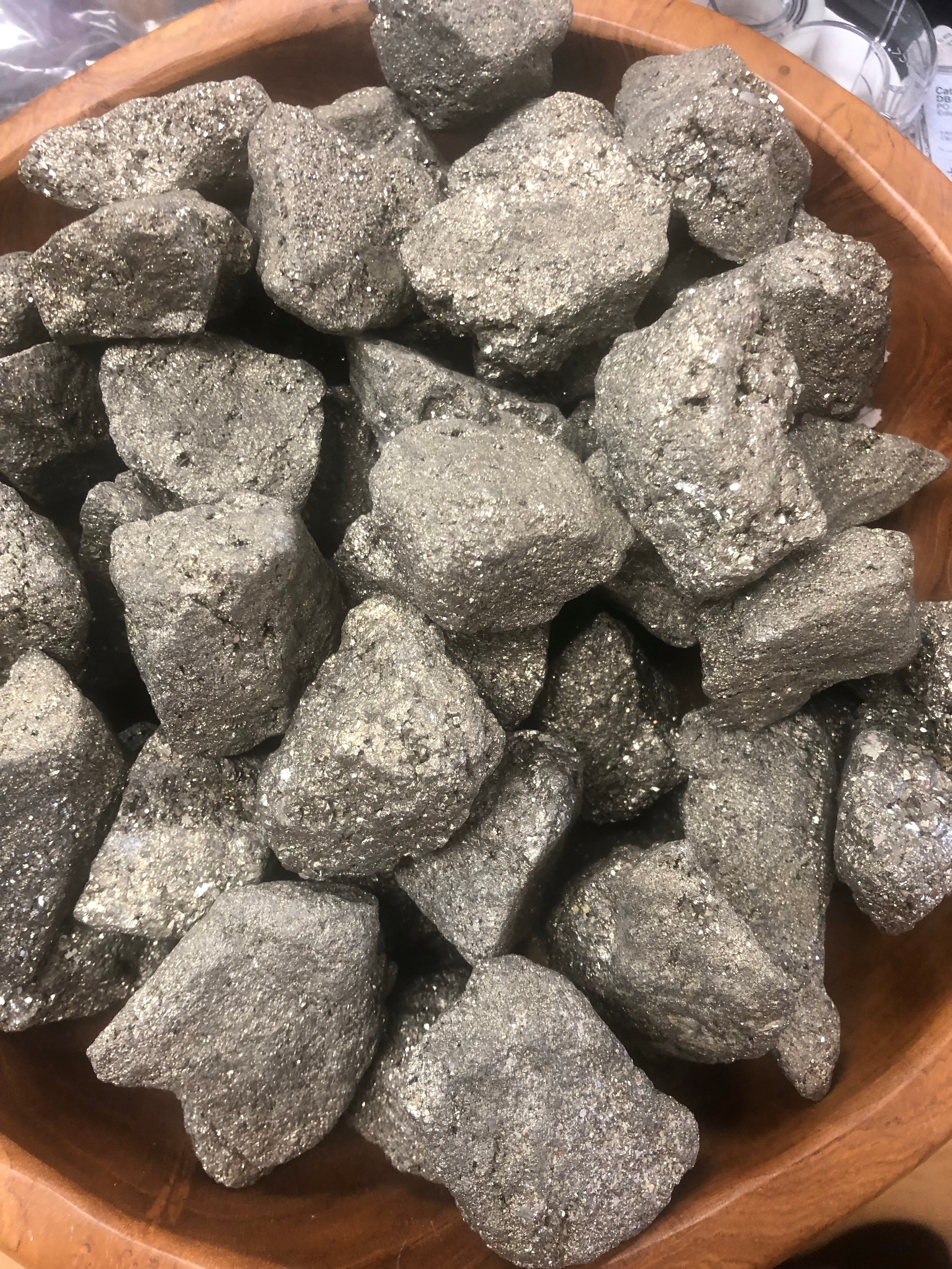 2 Inch Pyrite Gemstone For Gift, Decor Or Any Spiritual Craft Pyrite is a mineral this is made up of iron sulfide. Pyrite is commonly known as “fools gold” because of its brassy yellow color and metallic luster.   Helps with focus and determination, believed to bring good luck, aids in overcoming anxiety, helps in discipline and willpower. 